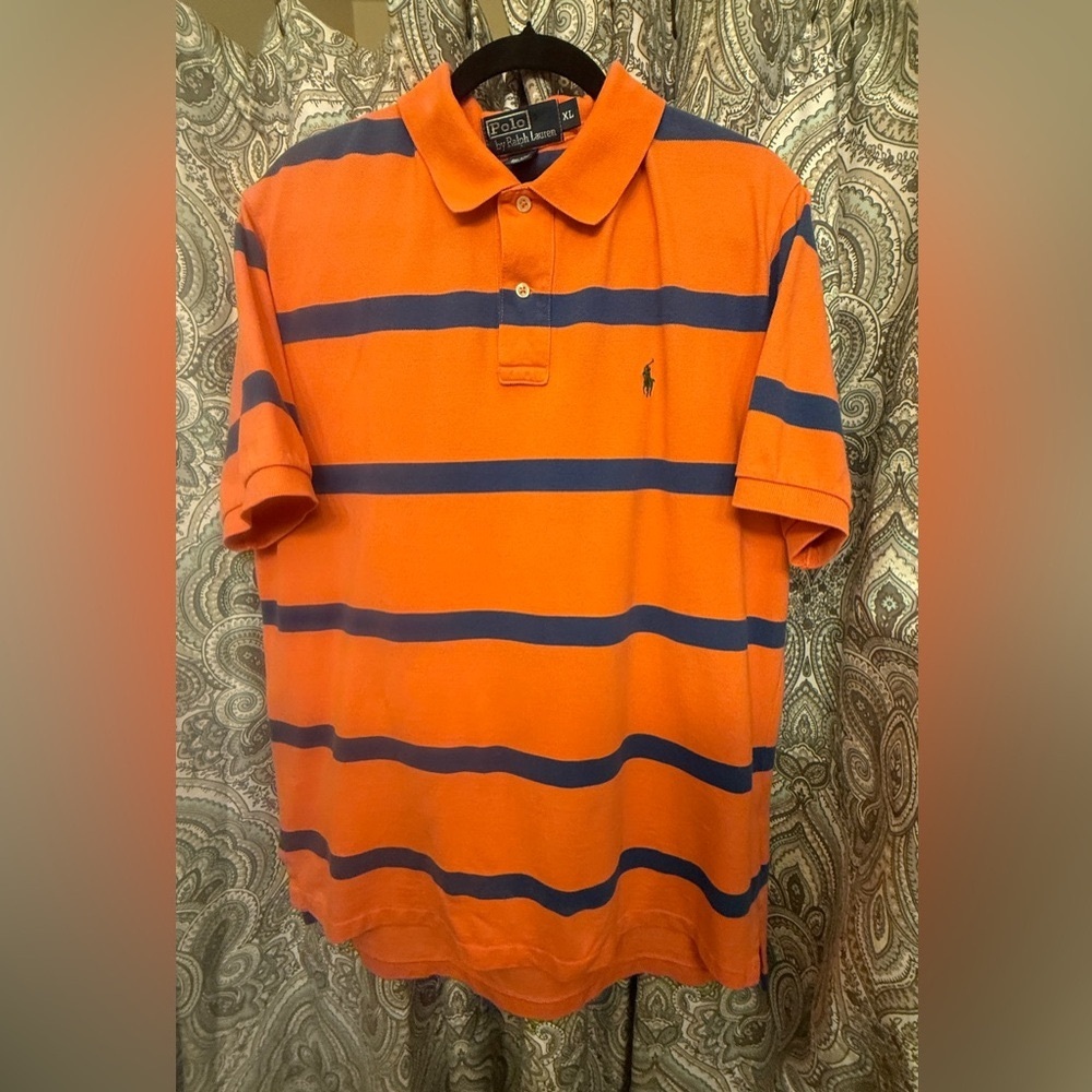 Ralph Lauren Peachy/Orange and Navy Striped Polo
